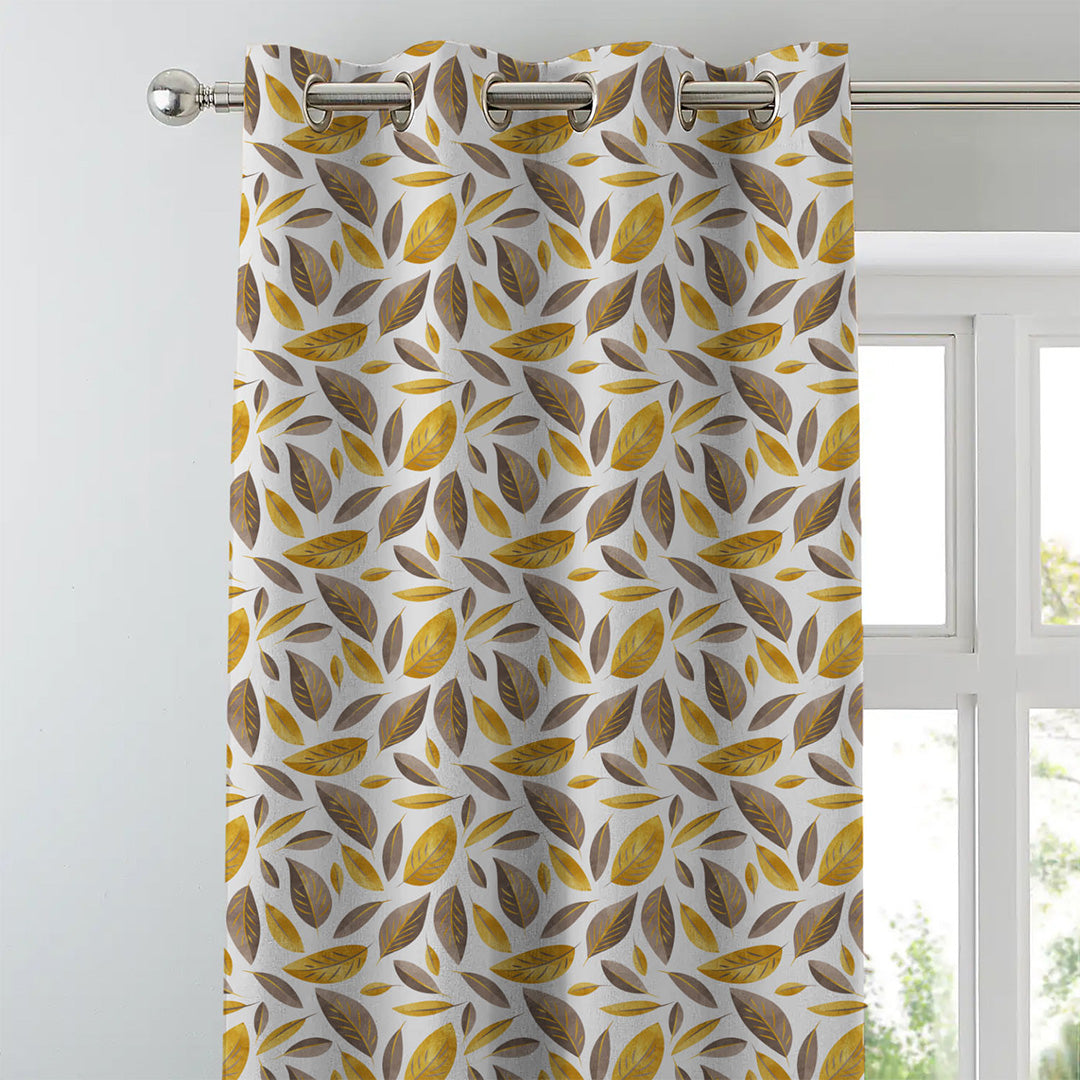 Leafy Haven Floral Mustard Heavy Satin Blackout Curtains Set Of 2 - (DS48A)