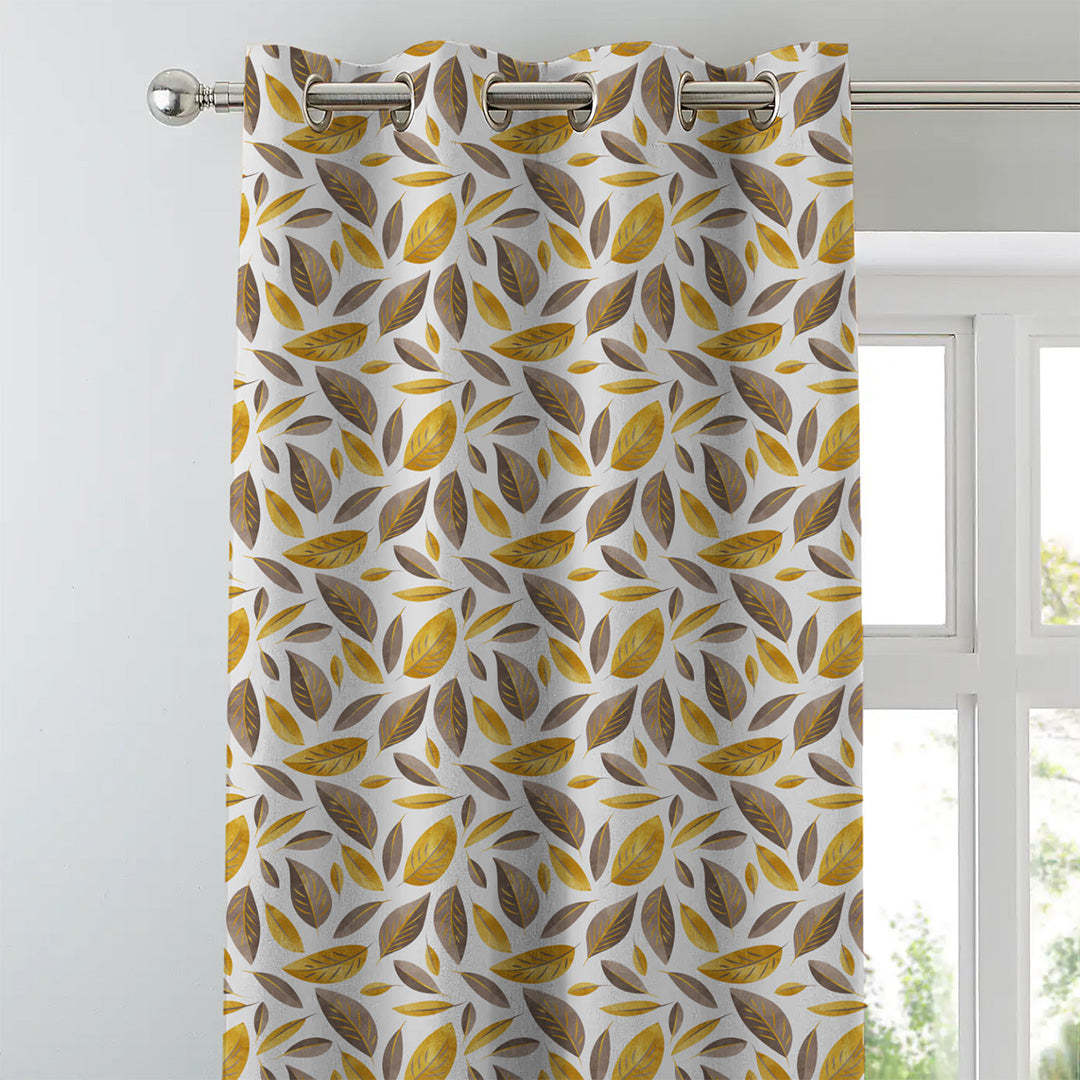 Leafy Haven Floral Mustard Heavy Satin Blackout Curtains Set Of 2 - (DS48A)