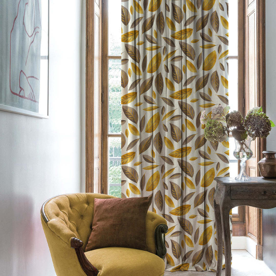 Leafy Haven Floral Mustard Heavy Satin Blackout Curtains Set Of 2 - (DS48A)