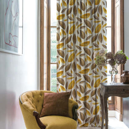 Leafy Haven Floral Mustard Heavy Satin Blackout Curtains Set Of 2 - (DS48A)