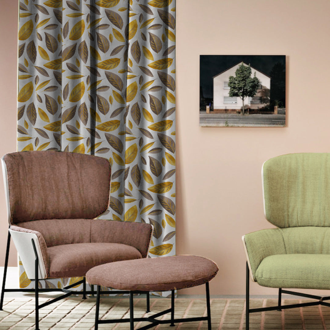 Leafy Haven Floral Mustard Heavy Satin Blackout Curtains Set Of 2 - (DS48A)