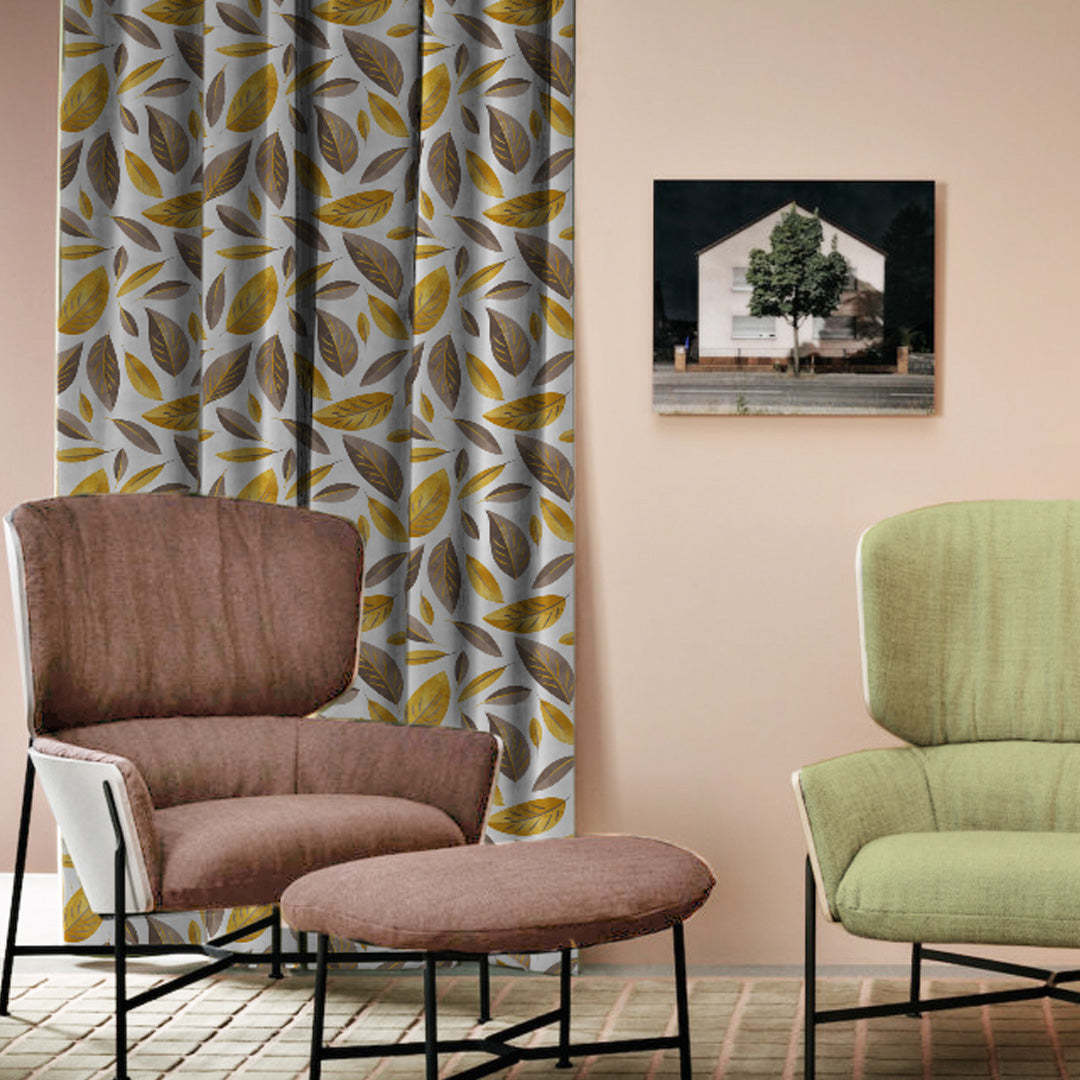 Leafy Haven Floral Mustard Heavy Satin Blackout Curtains Set Of 2 - (DS48A)