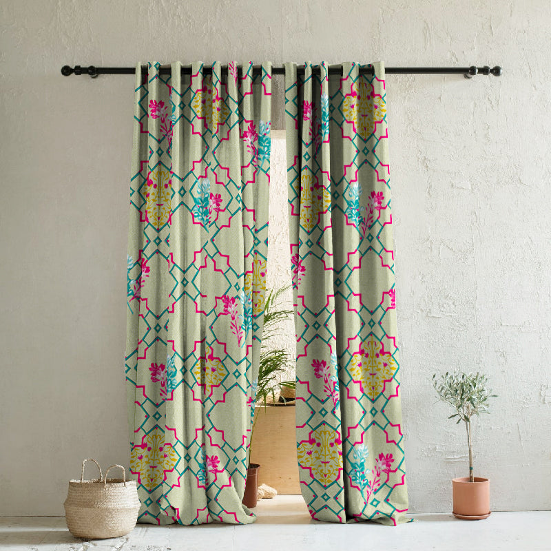 Mughal Garden Indie Fern Green Heavy Satin Room Darkening Curtains Set Of 2 - (DS492B)