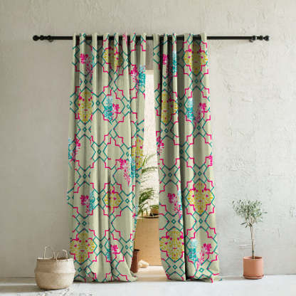 Mughal Garden Indie Fern Green Heavy Satin Room Darkening Curtains Set Of 2 - (DS492B)