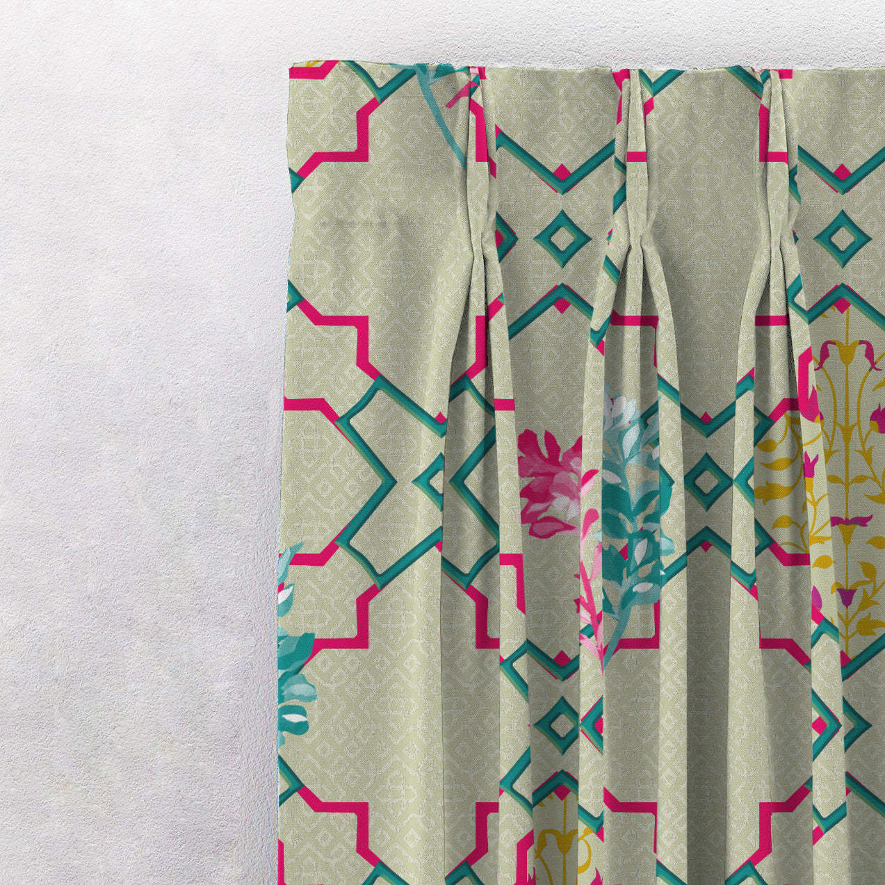 Mughal Garden Indie Fern Green Heavy Satin Room Darkening Curtains Set Of 2 - (DS492B)