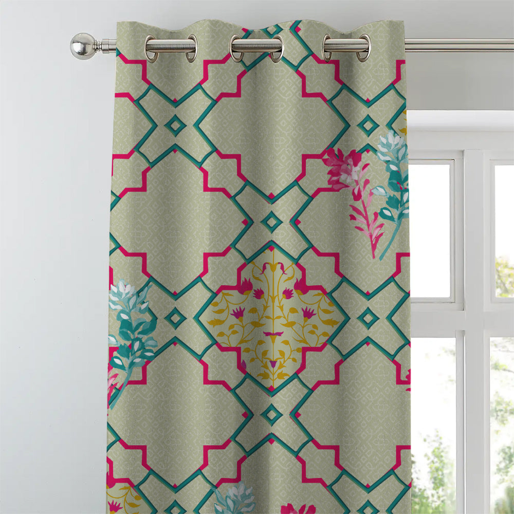 Mughal Garden Indie Fern Green Heavy Satin Room Darkening Curtains Set Of 2 - (DS492B)