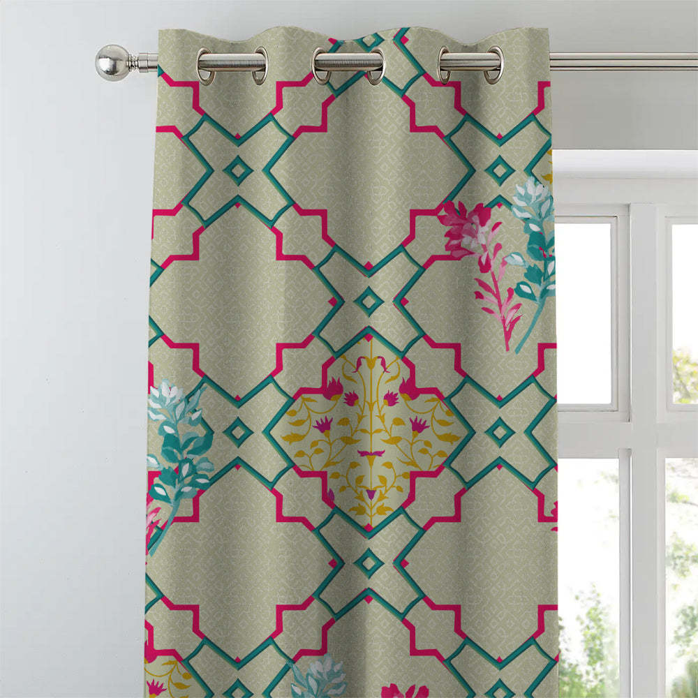 Mughal Garden Indie Fern Green Heavy Satin Room Darkening Curtains Set Of 2 - (DS492B)