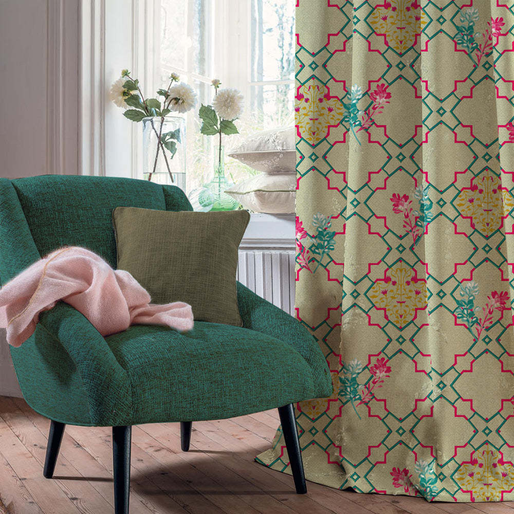 Mughal Garden Indie Fern Green Heavy Satin Room Darkening Curtains Set Of 2 - (DS492B)