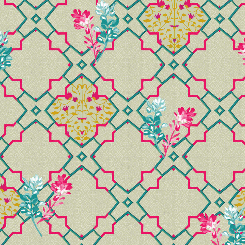 Mughal Garden Indie Fern Green Heavy Satin Room Darkening Curtains Set Of 2 - (DS492B)
