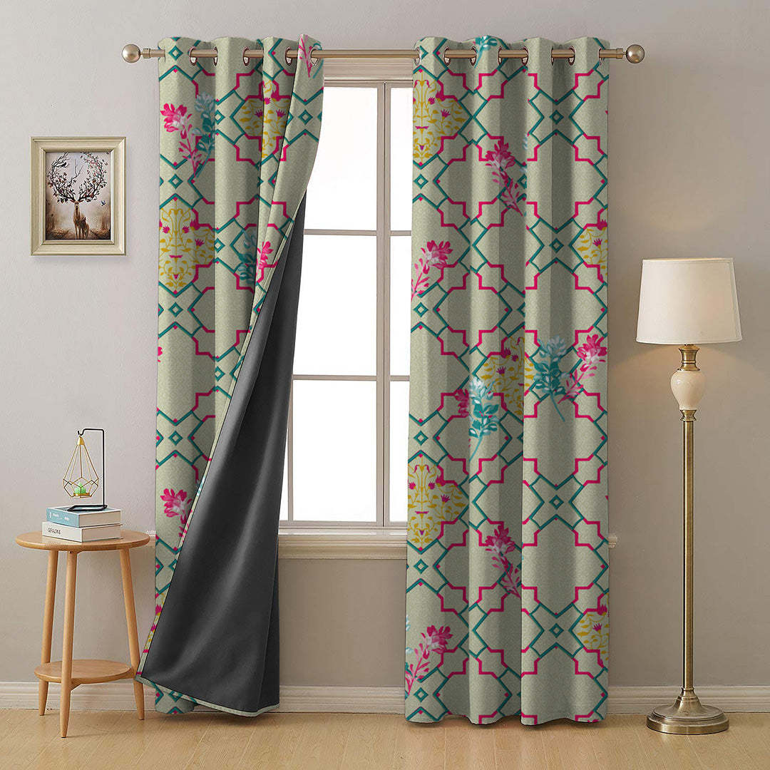 Mughal Garden Indie Fern Green Heavy Satin Room Darkening Curtains Set Of 2 - (DS492B)