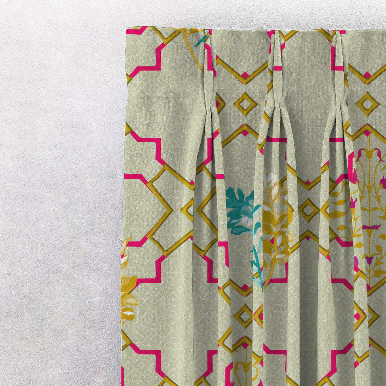 Mughal Garden Indie Sand Yellow Heavy Satin Blackout curtains Set Of 2 - (DS492C)