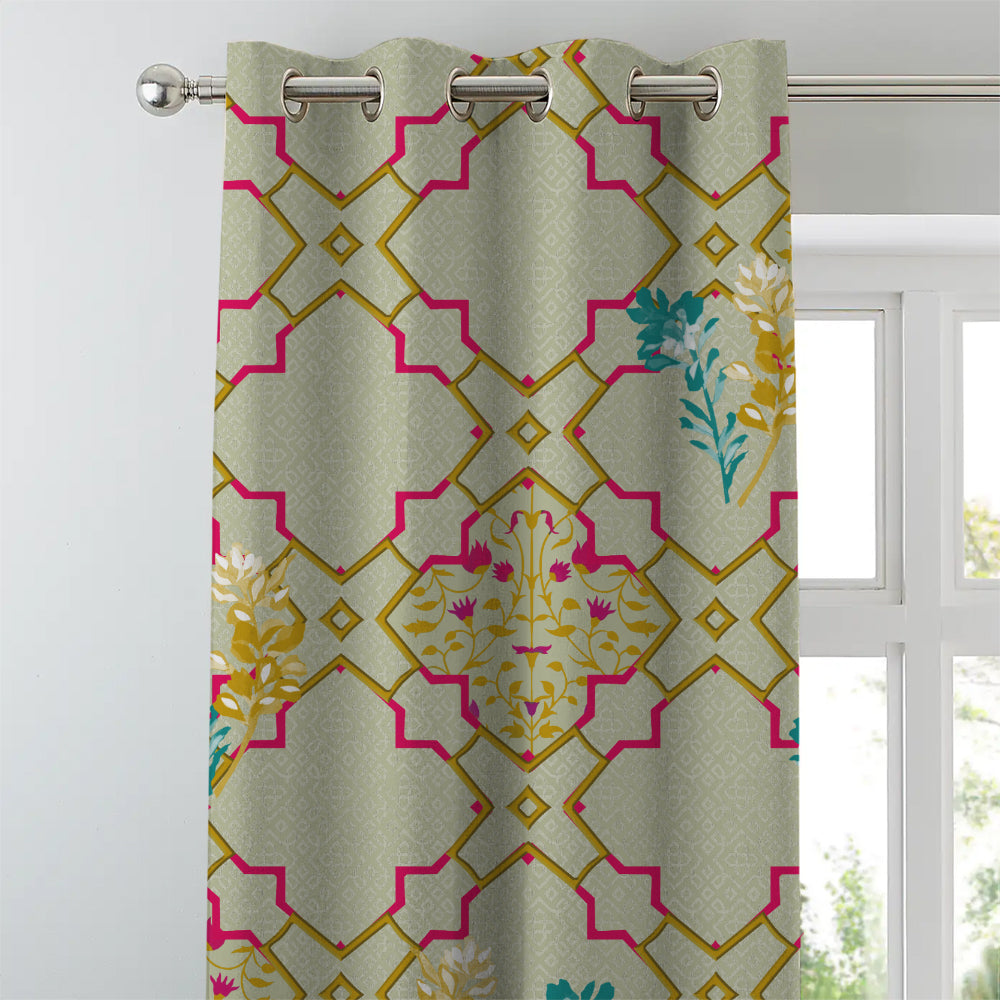 Mughal Garden Indie Sand Yellow Heavy Satin Blackout curtains Set Of 2 - (DS492C)