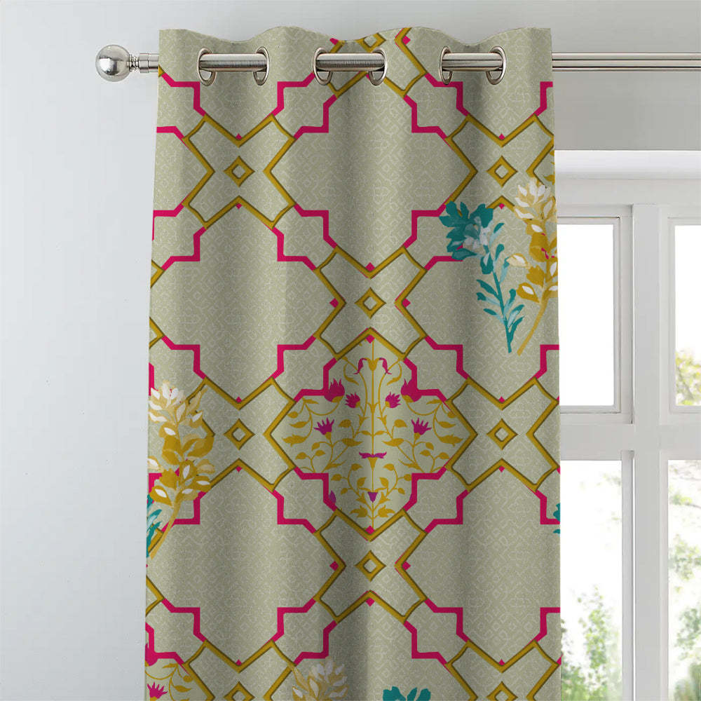 Mughal Garden Indie Sand Yellow Heavy Satin Blackout curtains Set Of 2 - (DS492C)
