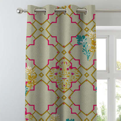 Mughal Garden Indie Sand Yellow Heavy Satin Blackout curtains Set Of 2 - (DS492C)