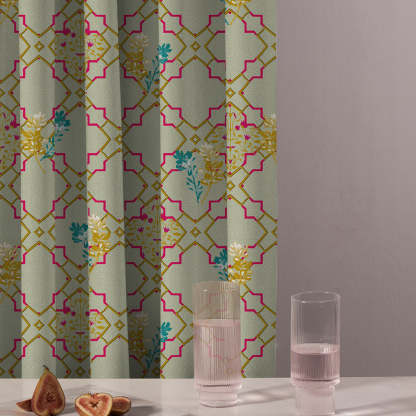 Mughal Garden Indie Sand Yellow Heavy Satin Blackout curtains Set Of 2 - (DS492C)