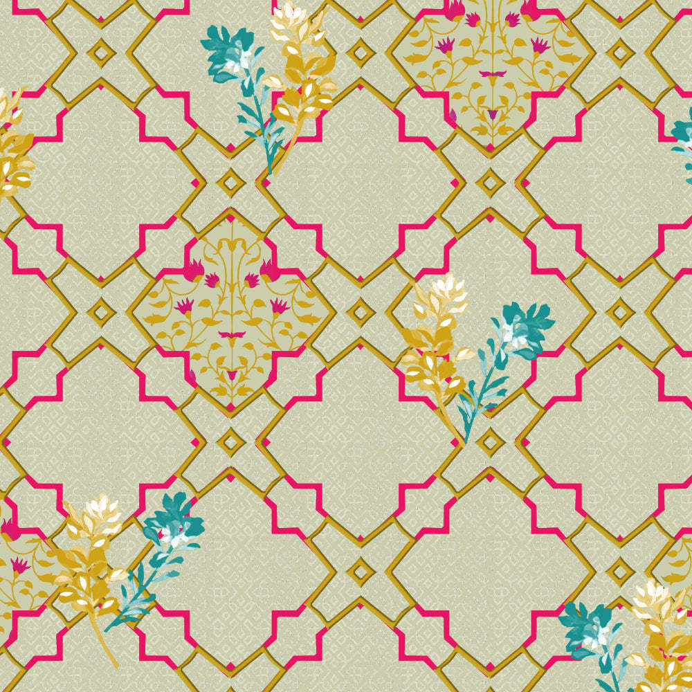 Mughal Garden Indie Sand Yellow Heavy Satin Blackout curtains Set Of 2 - (DS492C)