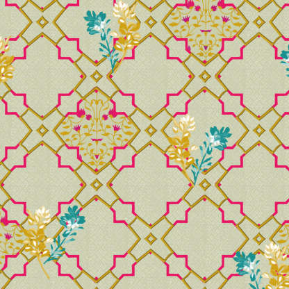 Mughal Garden Indie Sand Yellow Heavy Satin Blackout curtains Set Of 2 - (DS492C)