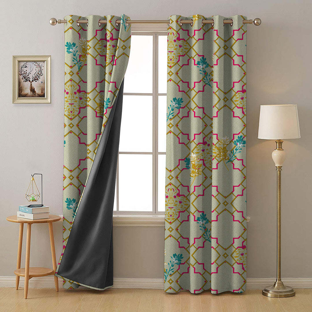 Mughal Garden Indie Sand Yellow Heavy Satin Blackout curtains Set Of 2 - (DS492C)