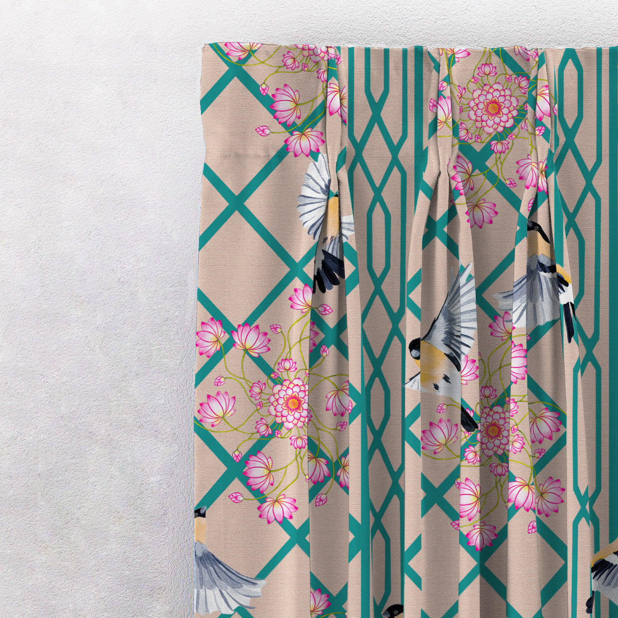Avian Lotus Indie Turquoise Heavy Satin Room Darkening Curtains Set Of 2 - (DS493A)