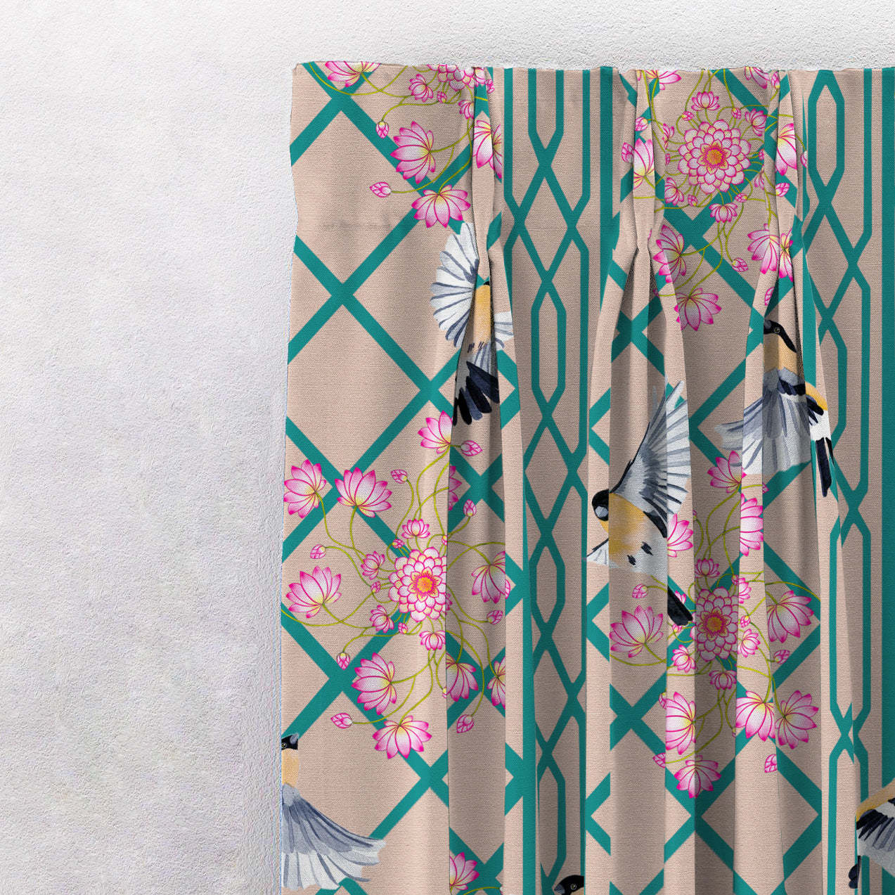 Avian Lotus Indie Turquoise Heavy Satin Room Darkening Curtains Set Of 2 - (DS493A)