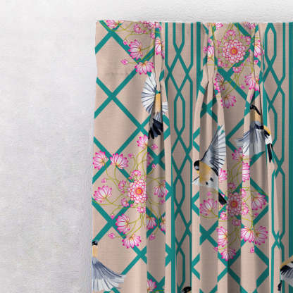Avian Lotus Indie Turquoise Heavy Satin Room Darkening Curtains Set Of 2 - (DS493A)