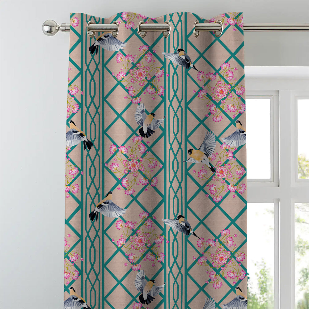 Avian Lotus Indie Turquoise Heavy Satin Room Darkening Curtains Set Of 2 - (DS493A)