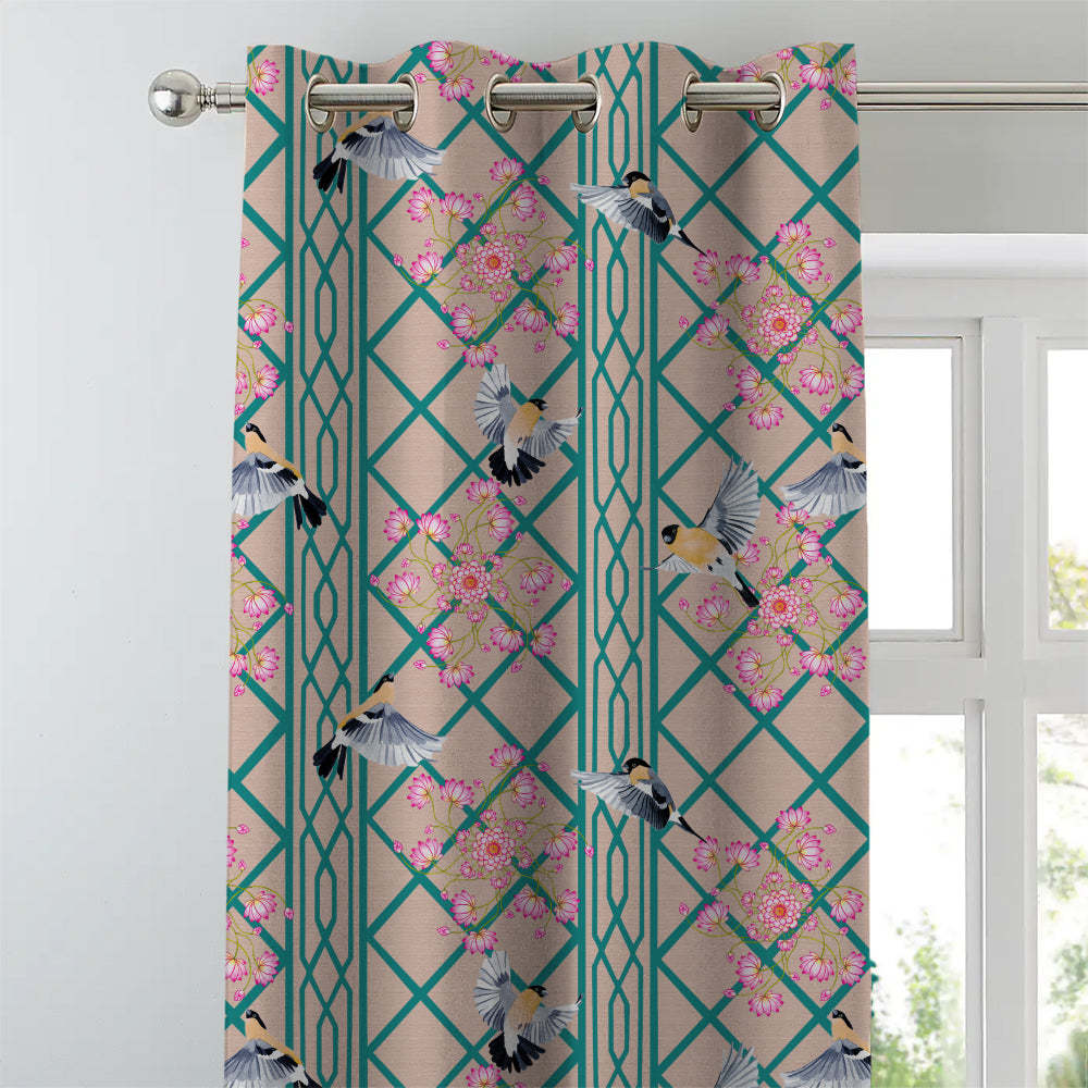 Avian Lotus Indie Turquoise Heavy Satin Room Darkening Curtains Set Of 2 - (DS493A)