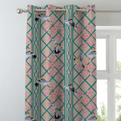 Avian Lotus Indie Turquoise Heavy Satin Room Darkening Curtains Set Of 2 - (DS493A)