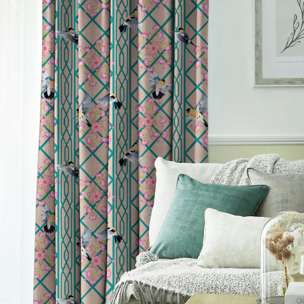 Avian Lotus Indie Turquoise Heavy Satin Room Darkening Curtains Set Of 2 - (DS493A)