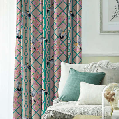 Avian Lotus Indie Turquoise Heavy Satin Room Darkening Curtains Set Of 2 - (DS493A)