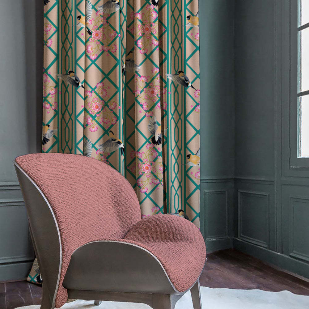 Avian Lotus Indie Turquoise Heavy Satin Room Darkening Curtains Set Of 2 - (DS493A)