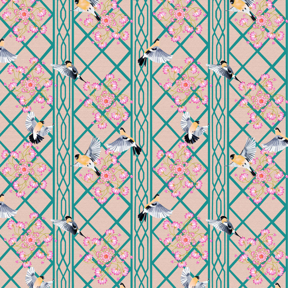 Avian Lotus Indie Turquoise Heavy Satin Room Darkening Curtains Set Of 2 - (DS493A)