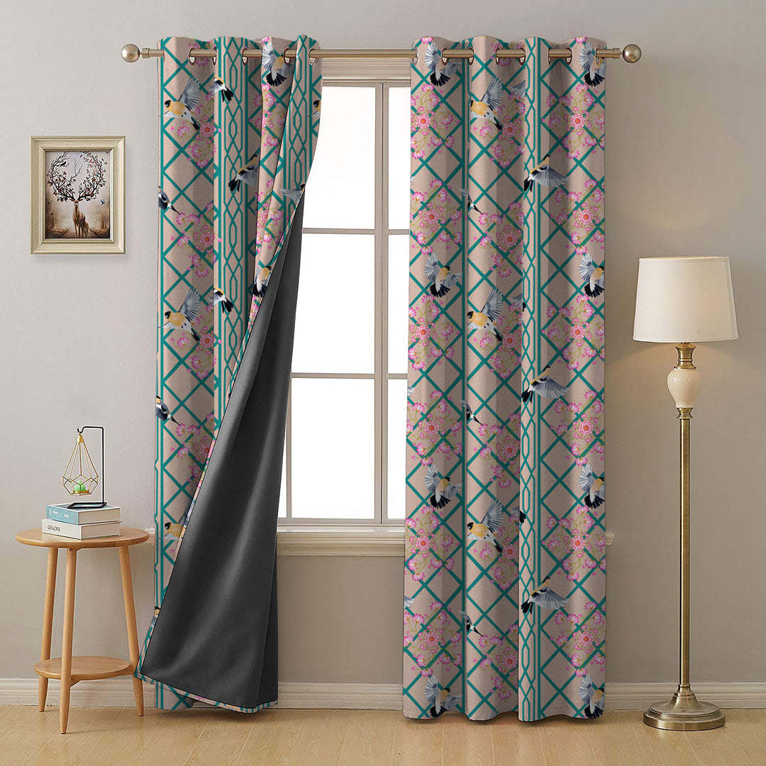 Avian Lotus Indie Turquoise Heavy Satin Room Darkening Curtains Set Of 2 - (DS493A)