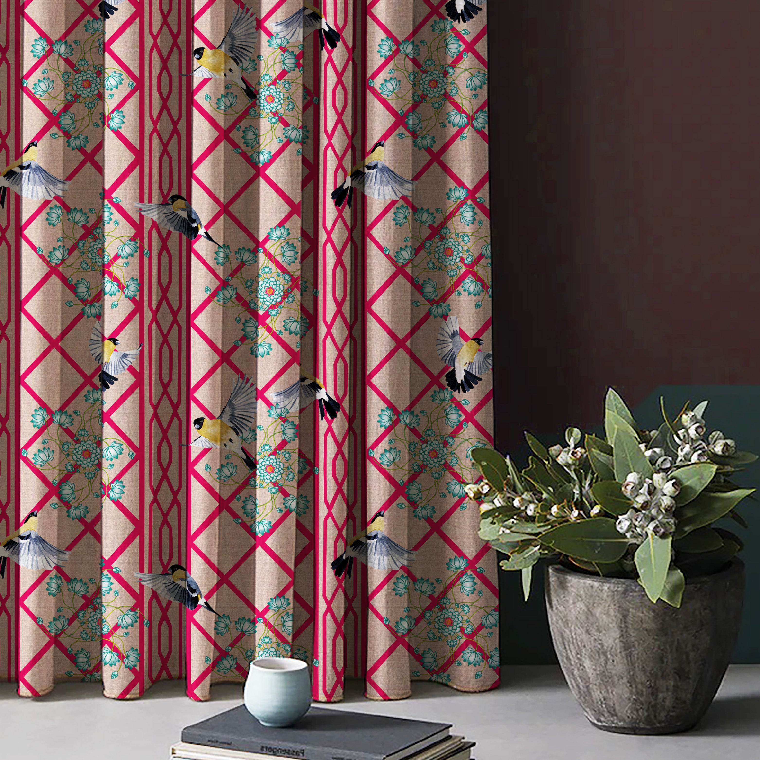 Avian Lotus Indie Bright Red Heavy Satin Blackout curtains Set Of 2 - (DS493D)