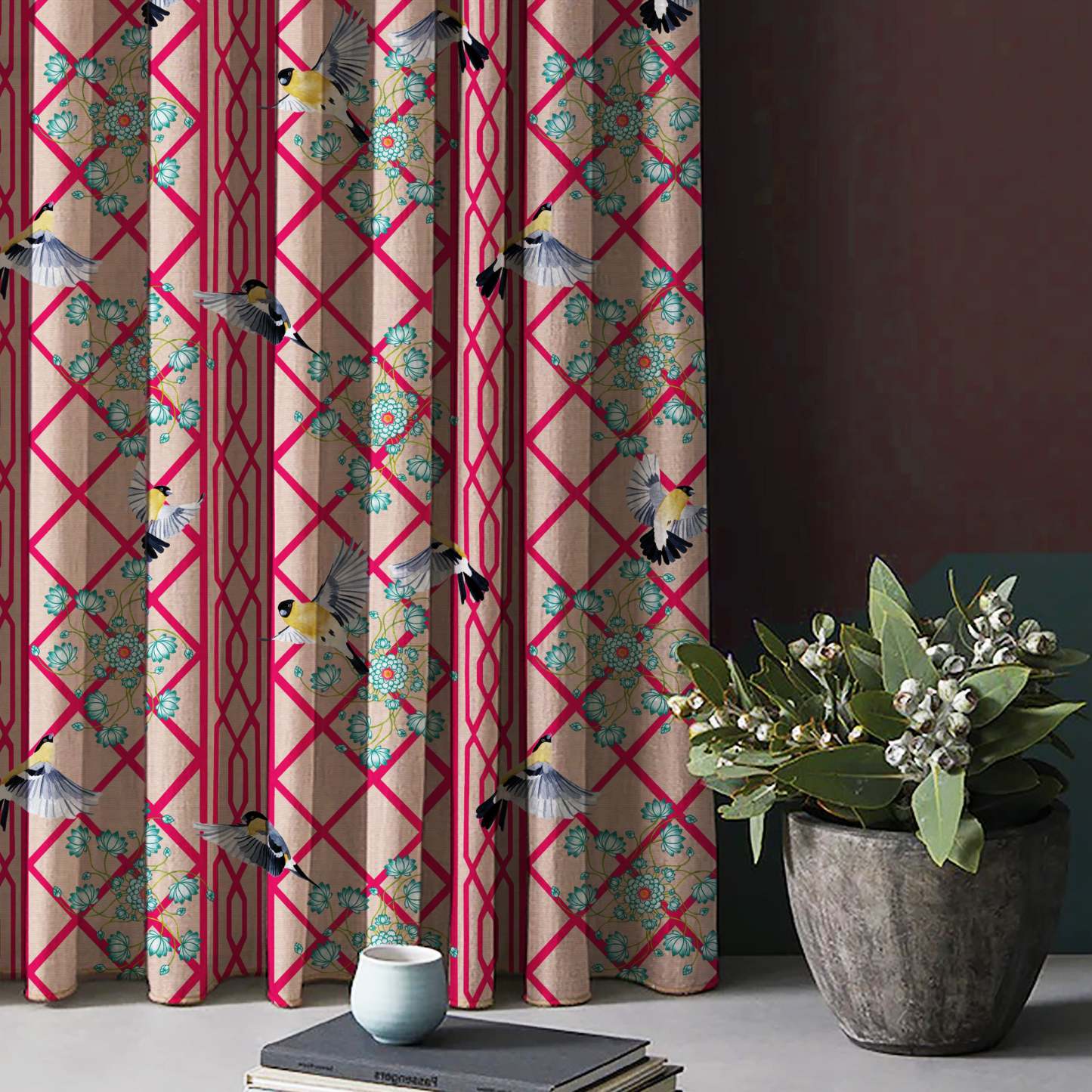 Avian Lotus Indie Bright Red Heavy Satin Blackout curtains Set Of 2 - (DS493D)