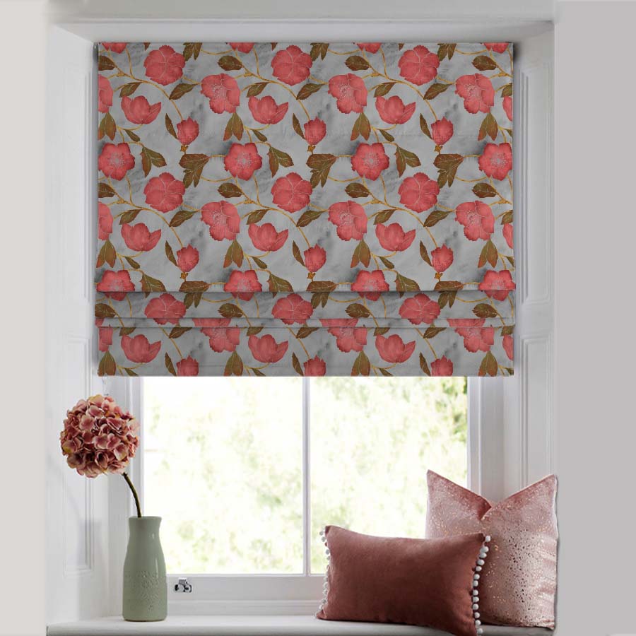 Botanic Blooms Floral Flamingo Pink Satin Roman Blind (DS494A)