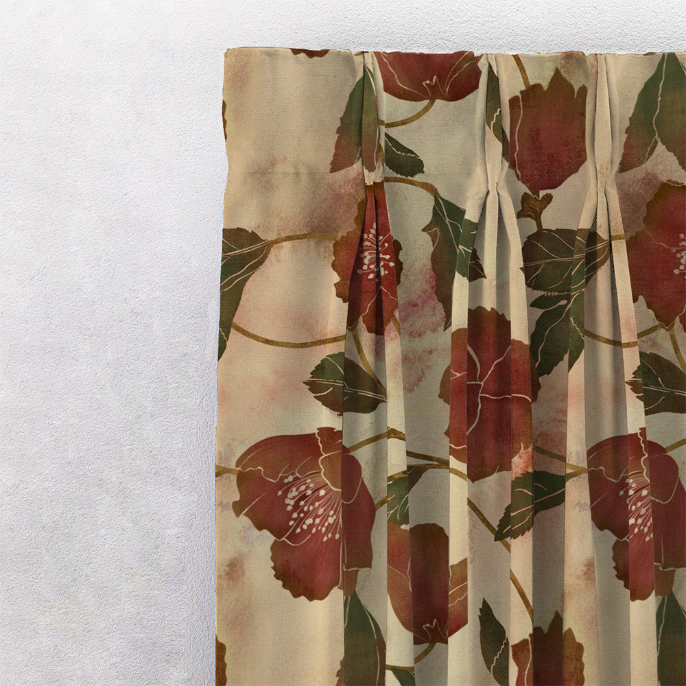Botanic Blooms Floral Maroon Heavy Satin Blackout curtains Set Of 2 - (DS494B)