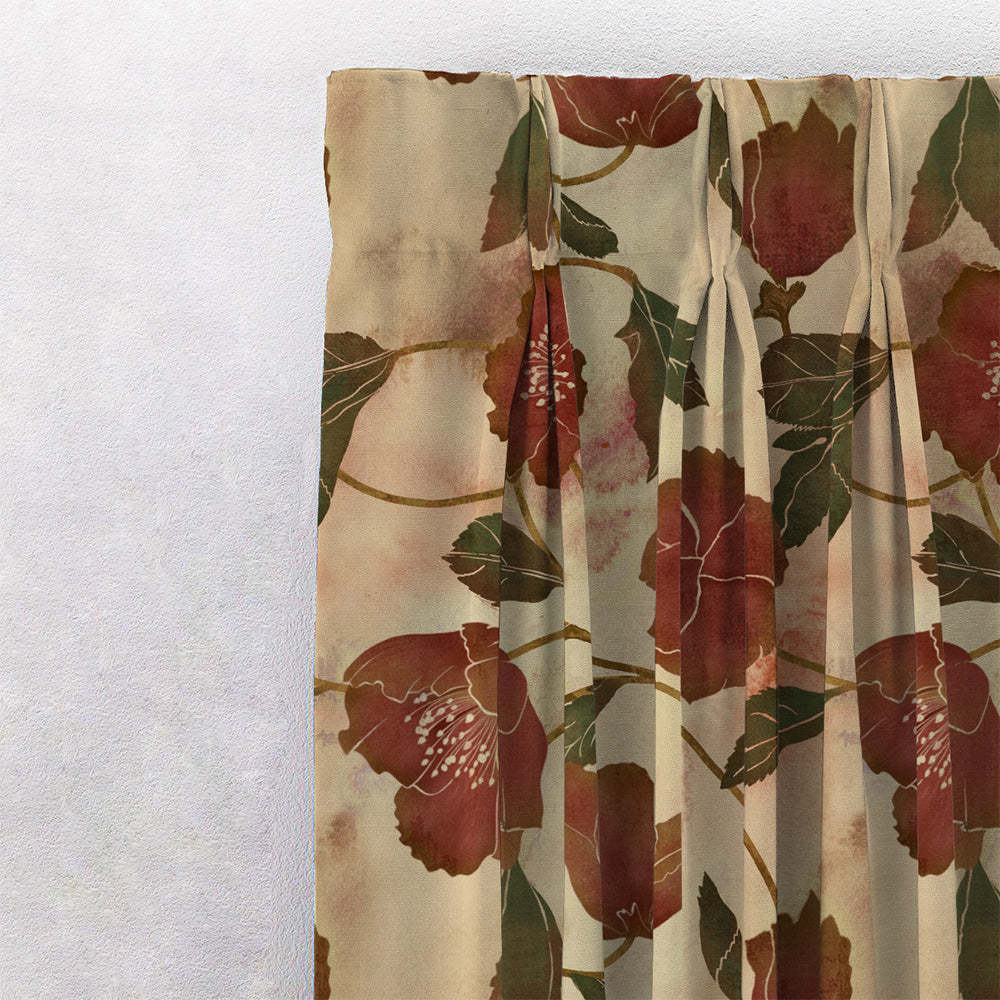 Botanic Blooms Floral Maroon Heavy Satin Blackout curtains Set Of 2 - (DS494B)