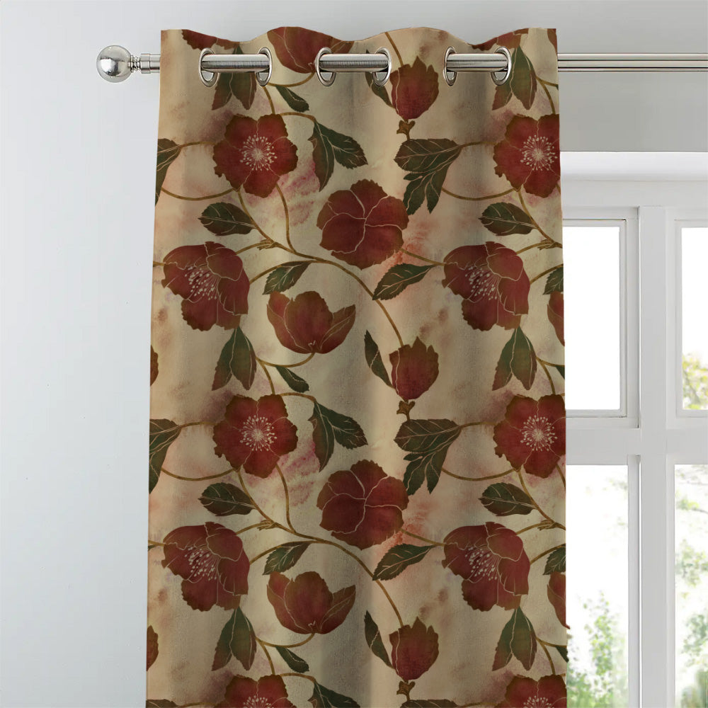 Botanic Blooms Floral Maroon Heavy Satin Blackout curtains Set Of 2 - (DS494B)
