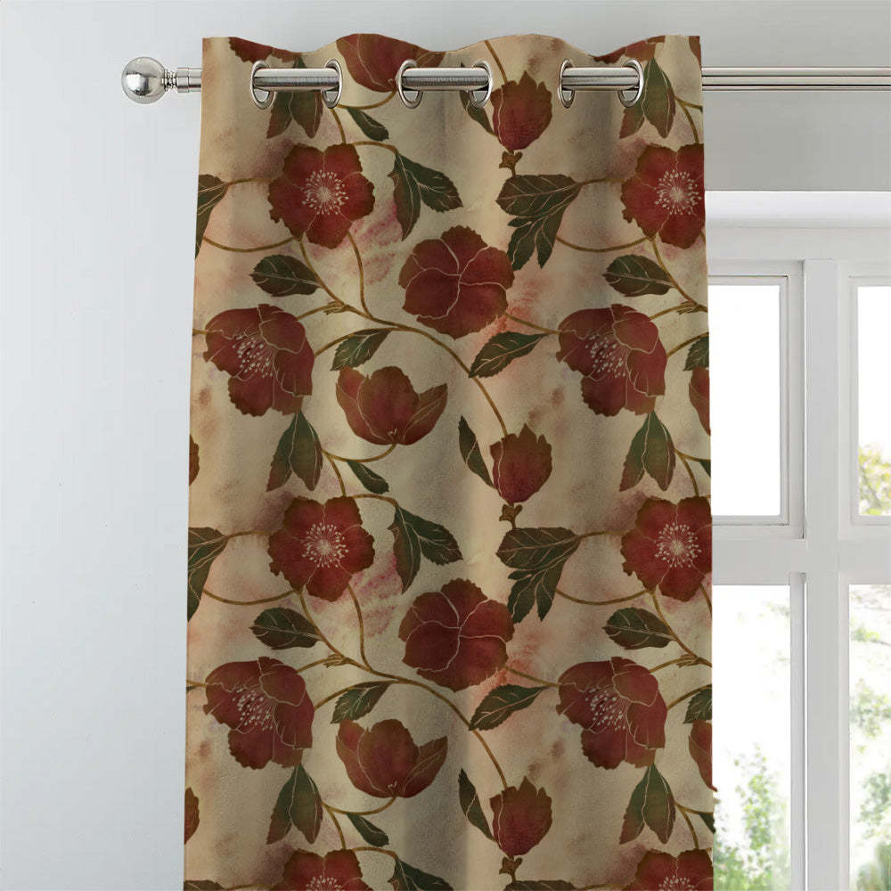 Botanic Blooms Floral Maroon Heavy Satin Blackout curtains Set Of 2 - (DS494B)