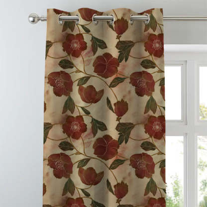 Botanic Blooms Floral Maroon Heavy Satin Blackout curtains Set Of 2 - (DS494B)