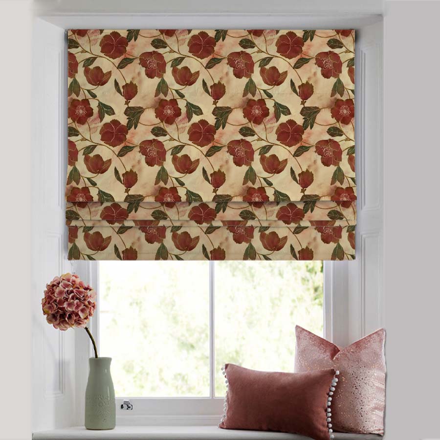 Botanic Blooms Floral Maroon Satin Roman Blind (DS494B)