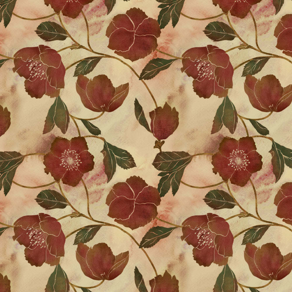 Botanic Blooms Floral Maroon Heavy Satin Blackout curtains Set Of 2 - (DS494B)