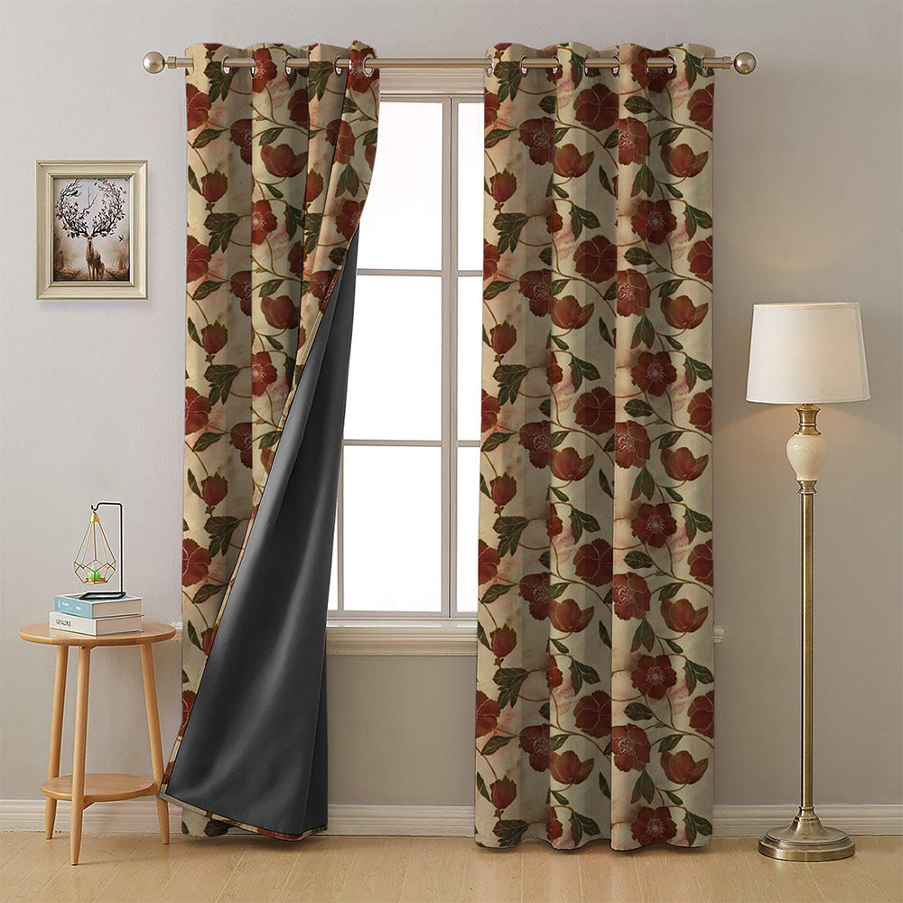 Botanic Blooms Floral Maroon Heavy Satin Blackout curtains Set Of 2 - (DS494B)