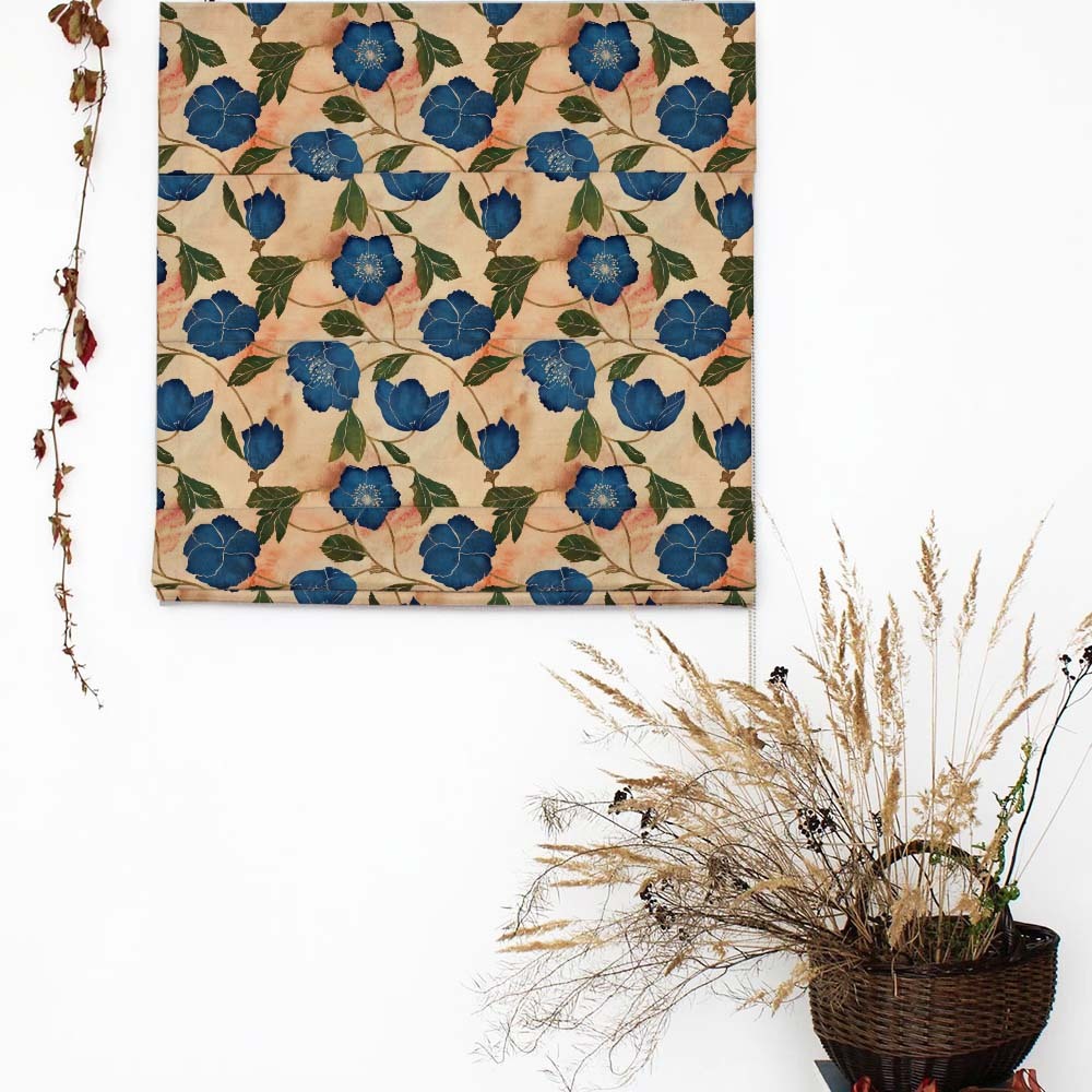 Botanic Blooms Floral Oxford Blue Satin Roman Blind (DS494C)
