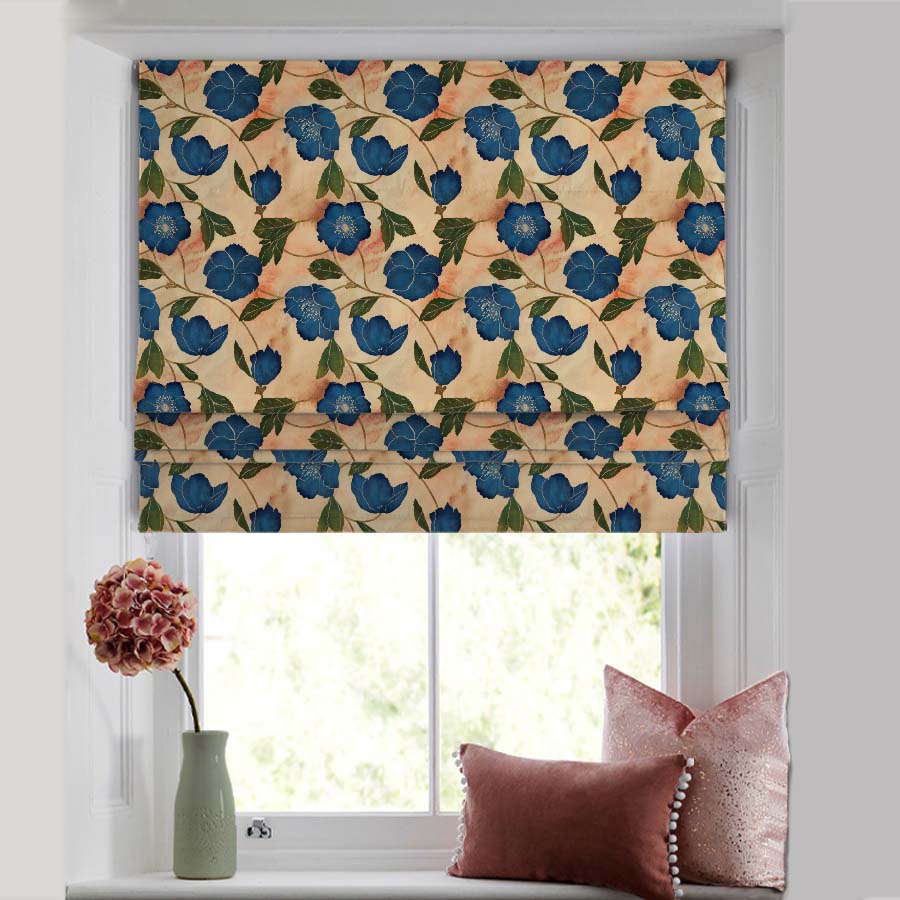 Botanic Blooms Floral Oxford Blue Satin Roman Blind (DS494C)