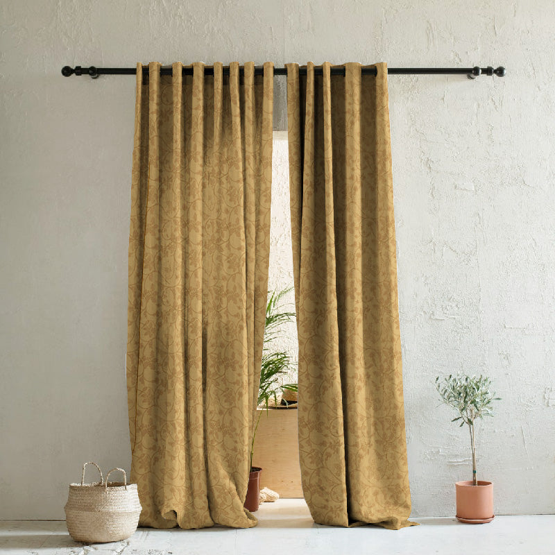 Nouveau Petal Floral Pecan yellow Heavy Satin Blackout curtains Set Of 2 - (DS496A)