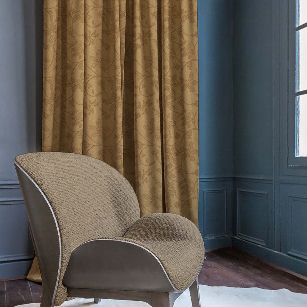 Nouveau Petal Floral Pecan yellow Heavy Satin Blackout curtains Set Of 2 - (DS496A)