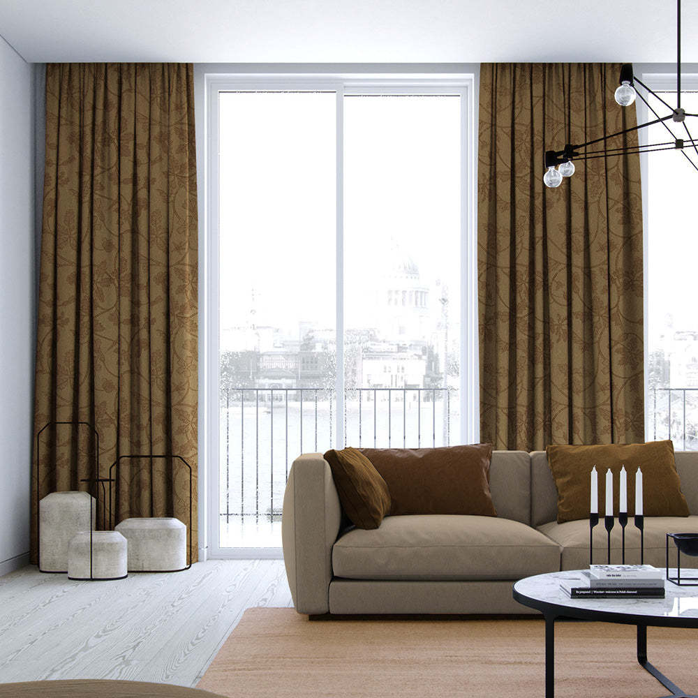 Nouveau Petal Floral Pecan yellow Heavy Satin Blackout curtains Set Of 2 - (DS496A)