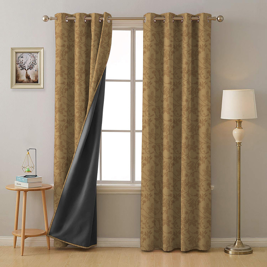 Nouveau Petal Floral Pecan yellow Heavy Satin Blackout curtains Set Of 2 - (DS496A)